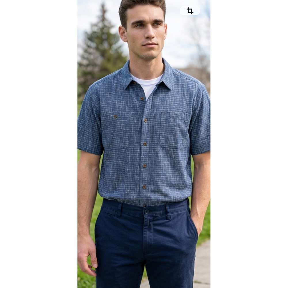 Patagonia Mens XL Short Sleeve Button Down Shirt Blue Crosshatch Plaid Pucker